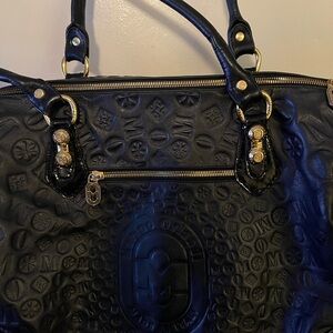 Marino Orlandi Black Leather Embossed Large Shoulder Handbag
